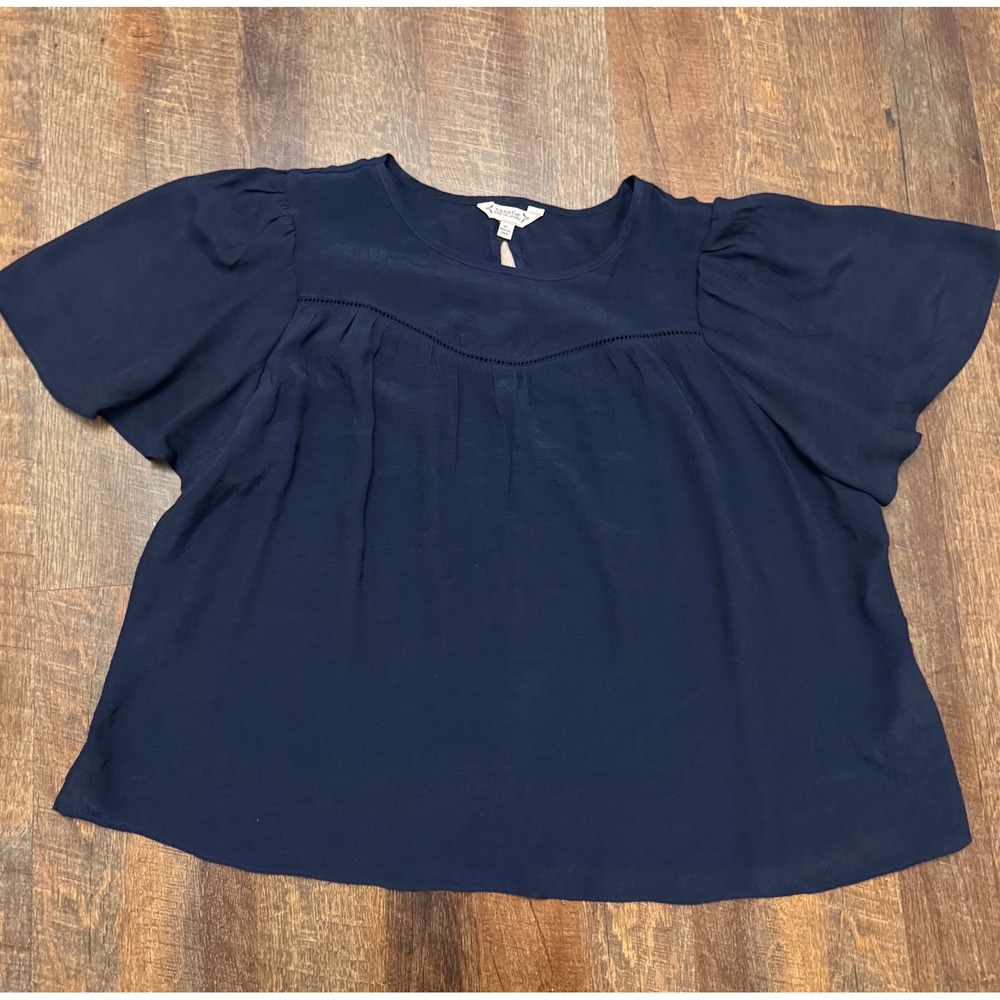 Nanette Lepore Navy Boho Flutter Sleeve Blouse XL Flowy Ladder Trim Top